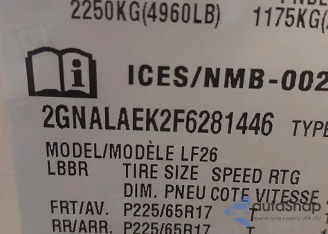 2015 Chevrolet Equinox z USA, uszkodzony, nr VIN 2GNALAEK2F6281446